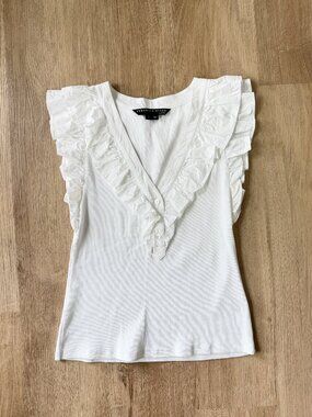 VERONICA BEARD Adrianna Ruffled Ribbed V Neck Pima Top White Sleeveless S
